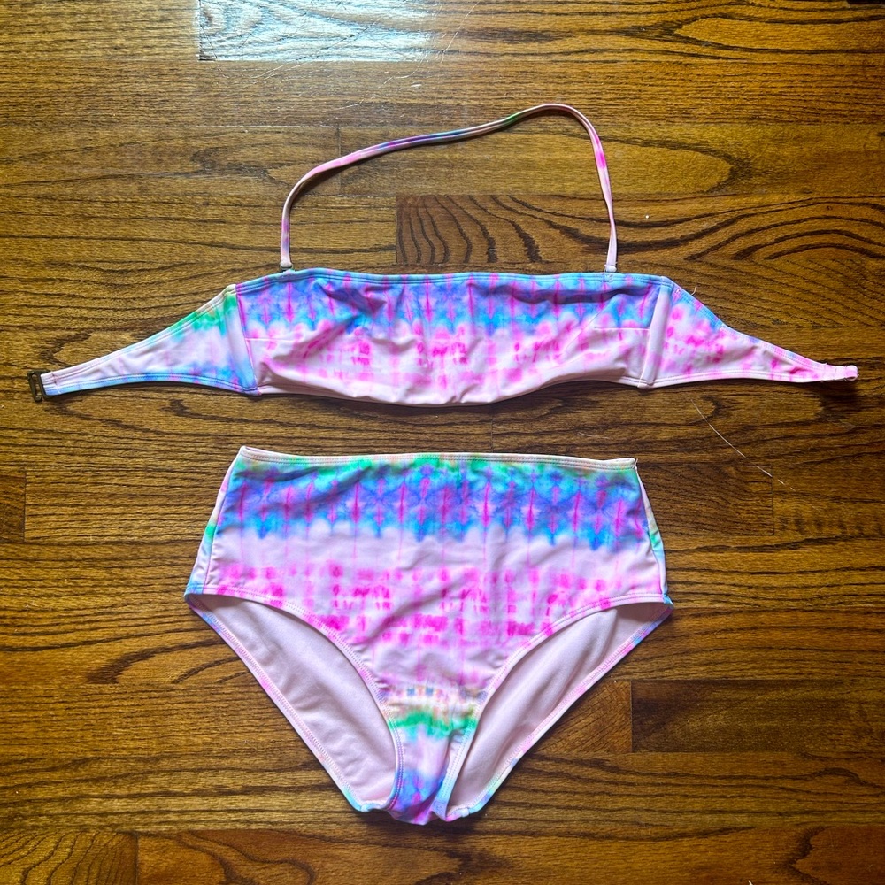Gianni Bini Tie Dye Bandeau and High Waisted Swimsuit Set